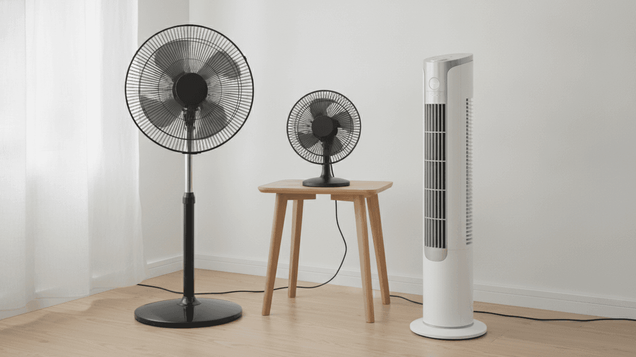 Três ventiladores numa sala clara, de piso de madeira e parede branca: um de coluna preto, de pedestal alto, ao lado de uma cortina branca; um de mesa preto, pequeno, sobre uma mesinha de madeira clara; e um de torre branco, estreito e alto
