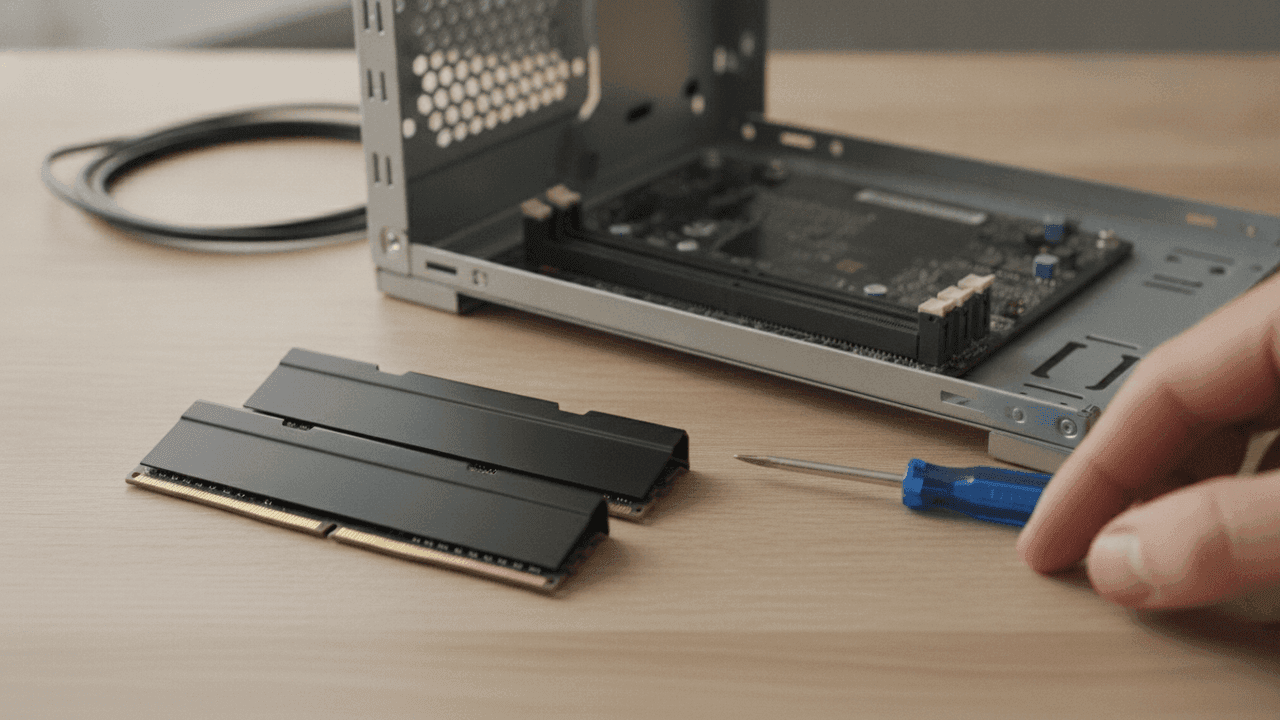 Dois módulos de memória RAM pretos sobre uma mesa de madeira clara, diante de um gabinete de computador aberto com a placa-mãe à mostra, ao lado de um cabo enrolado e de uma chave de fenda azul, com uma mão à direita