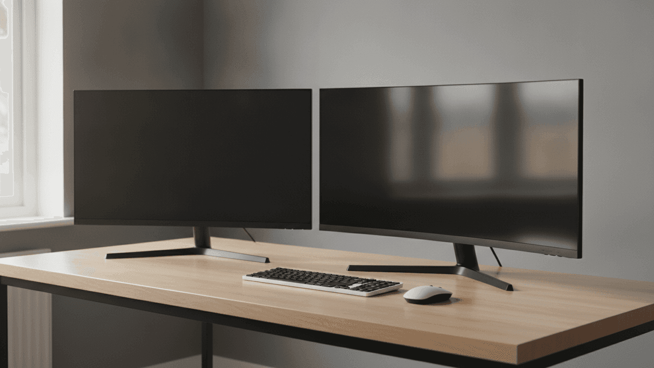 Dois monitores desligados, um de tela plana e outro curvo e mais largo, sobre uma mesa de madeira clara com um teclado e um mouse, diante de uma parede cinza e ao lado de uma janela
