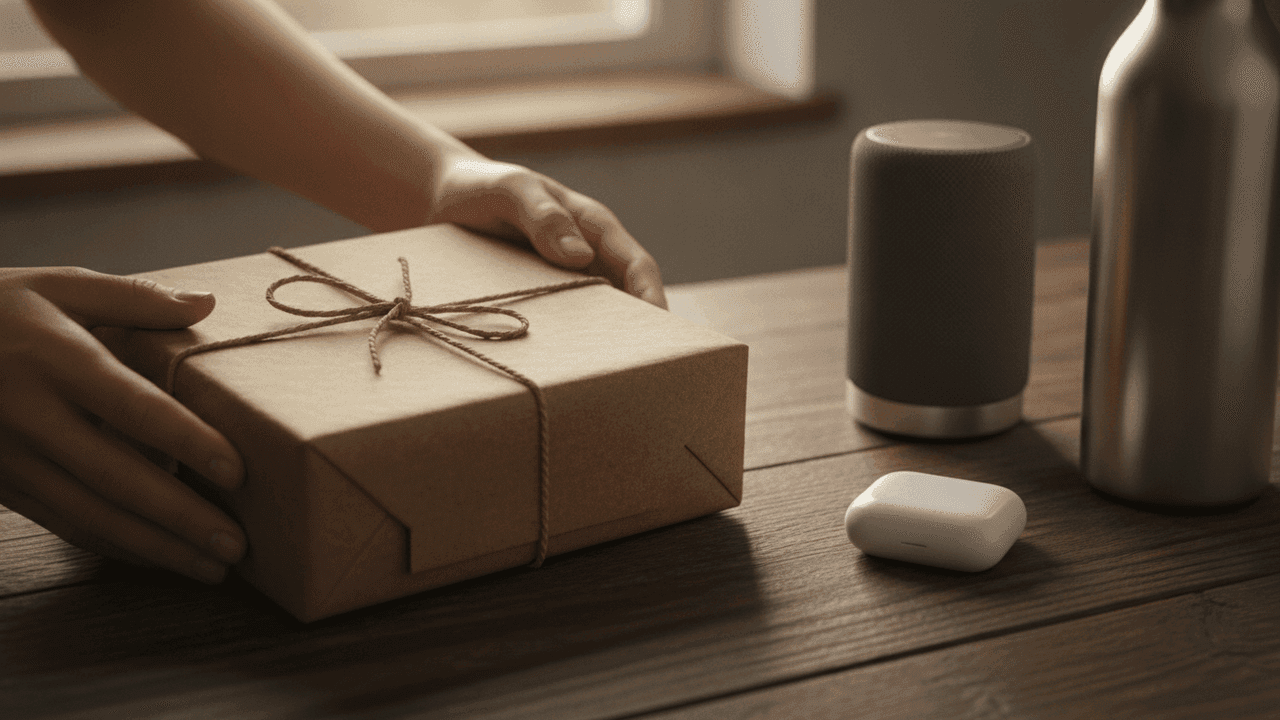 Ideias de presente até R$ 200 para o Dia dos Pais 2026: caixa de som JBL, power bank, garrafa térmica Stanley e smartband sobre uma mesa