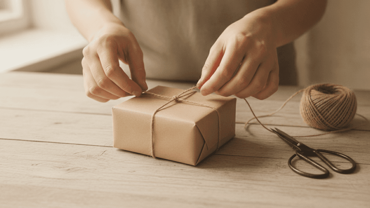 Presente de Dia dos Pais até R$ 50: embrulho simples de papel kraft sobre mesa de madeira