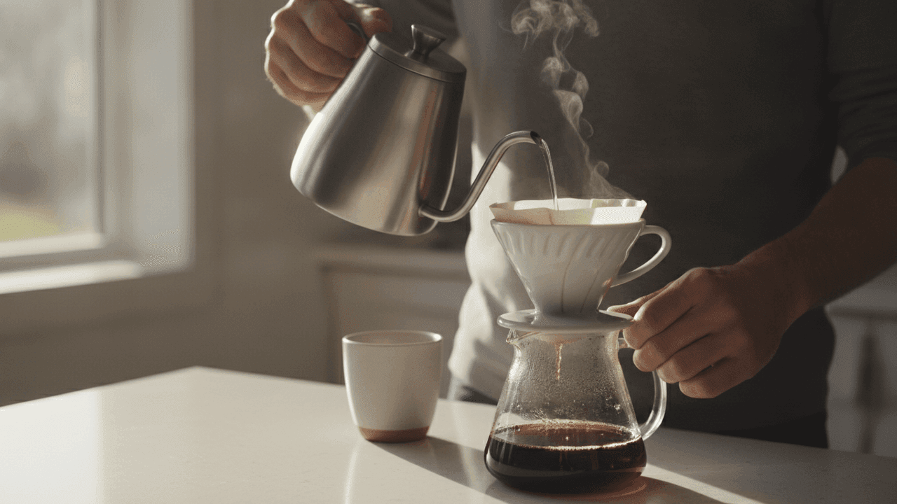 Presente de Dia dos Pais 2026 para pai que ama café: preparo de café coado no método pour-over com chaleira de bico fino