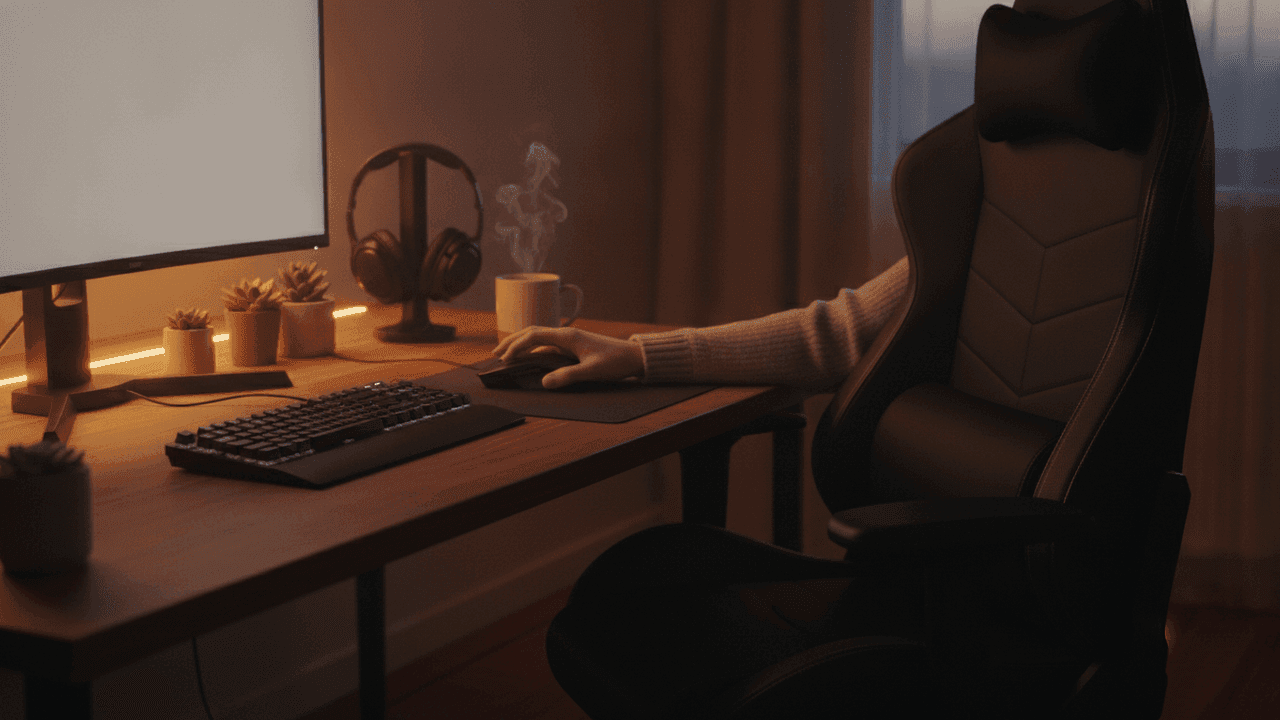 Presentes para pai gamer no Dia dos Pais 2026: headset gamer, mouse e teclado mecânico, controle sem fio e cadeira gamer sobre uma mesa de setup