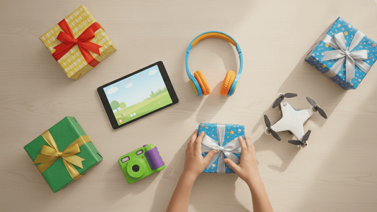 Vista de cima de uma mesa clara com presentes embrulhados em papel azul, amarelo e verde com laços, um fone infantil azul e laranja, um tablet, um drone branco e uma câmera infantil verde; no centro, duas mãos de criança seguram um presente azul com laço branco