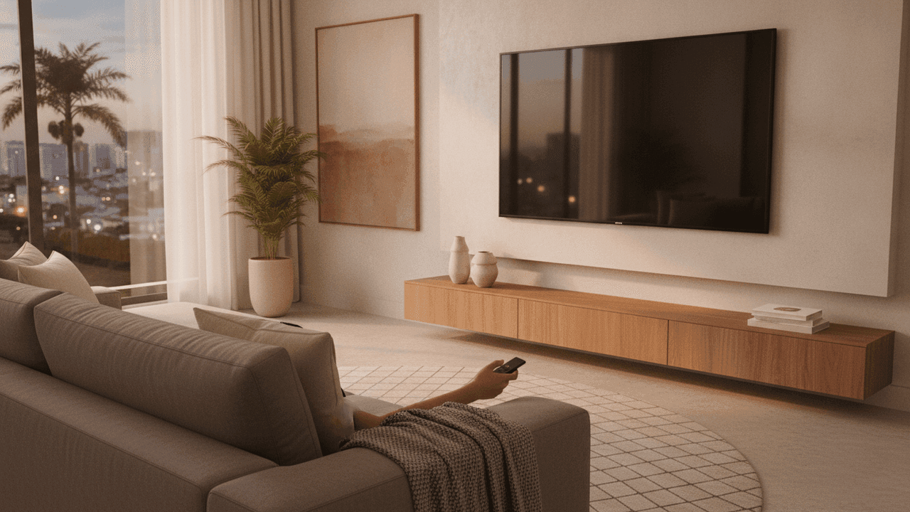 Smart TVs de vários tamanhos numa sala