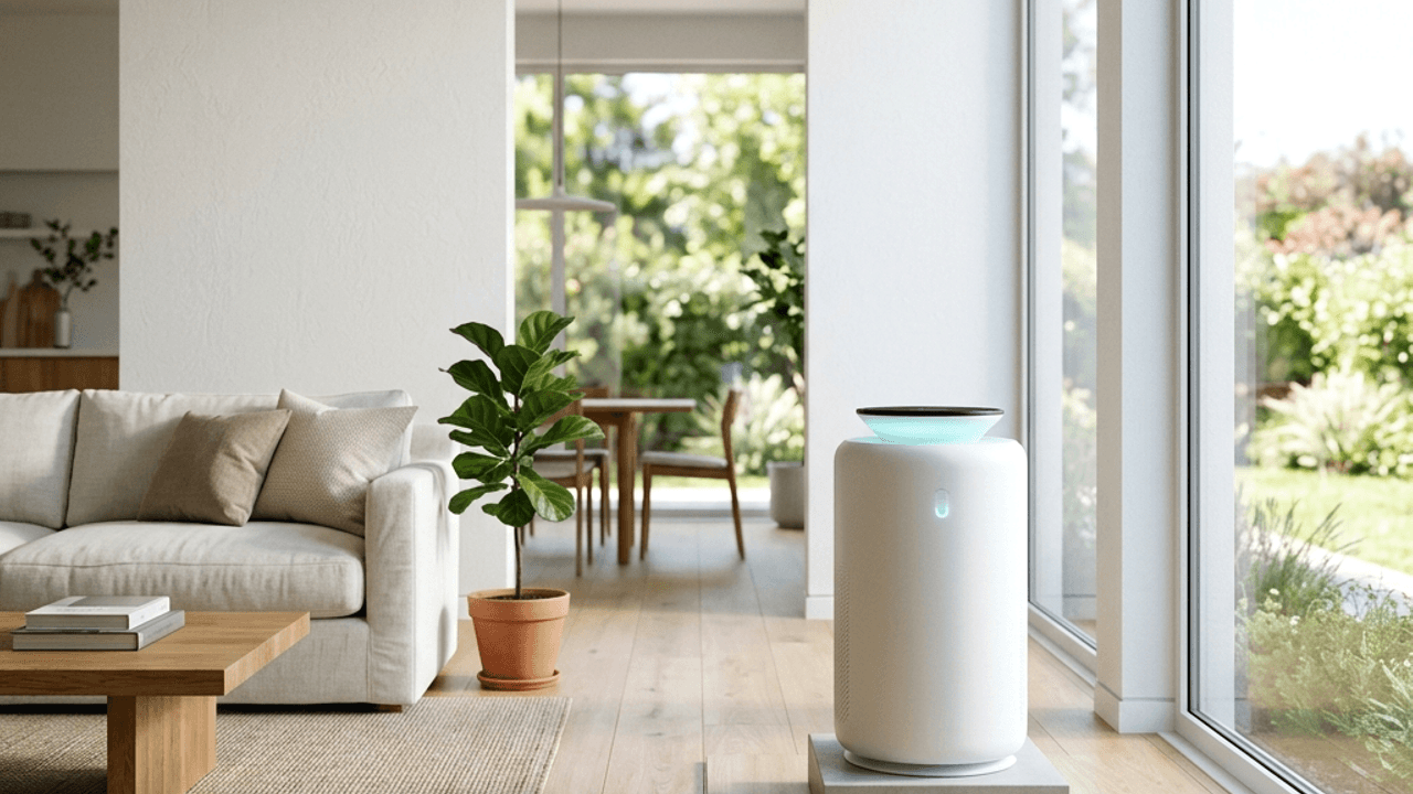 Purificador de ar branco e cilíndrico com uma luz azul no topo, ao lado de uma porta de vidro numa sala clara com sofá bege, mesa de centro de madeira, vaso com planta e jardim ao fundo