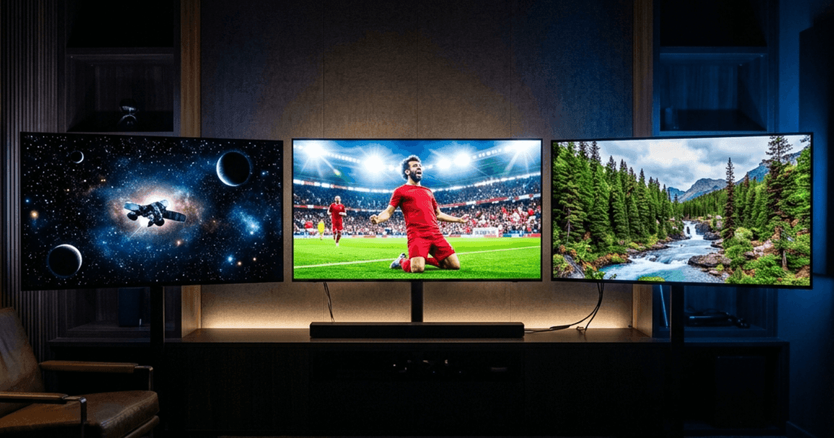 Comparativo QLED vs OLED vs LED — três TVs lado a lado em home theater