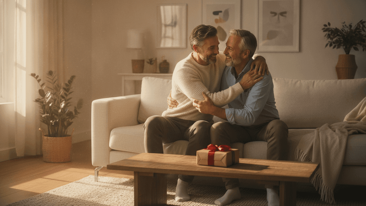 Dia dos Pais 2026 — pai e filho se abraçando em casa, com presente na mesa; a data é 9 de agosto, domingo