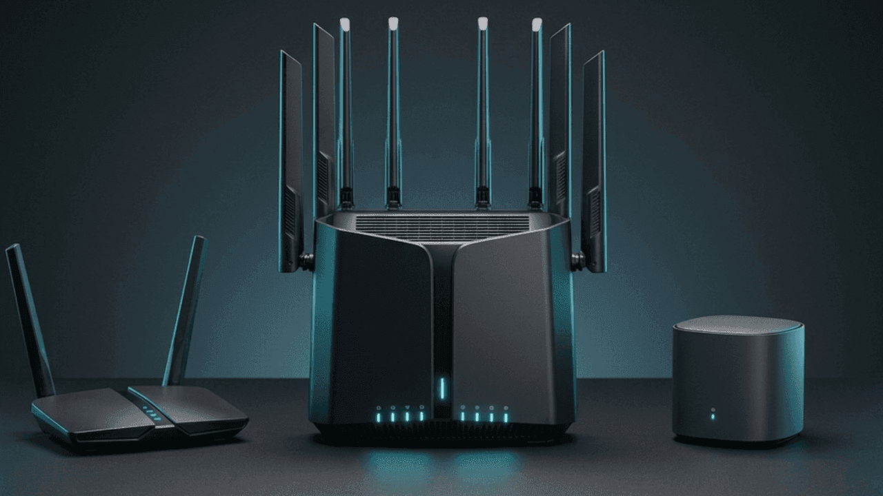 Três roteadores sobre uma mesa escura, com fundo azul-petróleo: à esquerda, um roteador baixo com duas antenas; no centro, um roteador grande com oito antenas e luzes azuis na frente; à direita, um módulo mesh cilíndrico com uma luz