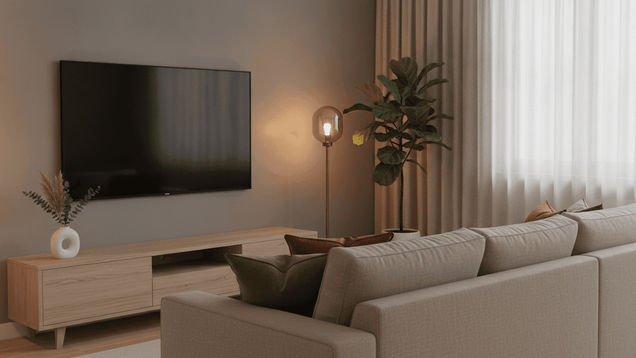 Sala de estar com uma TV de tela plana desligada numa parede cinza, acima de um rack de madeira clara com um vaso branco; em primeiro plano, o encosto de um sofá bege com almofadas verde e terracota, uma luminária de pé acesa e uma planta perto da janela com cortinas