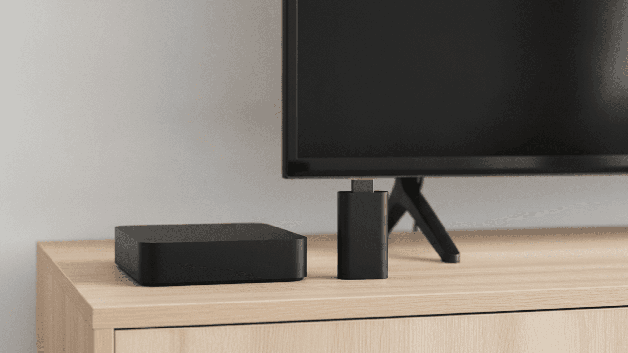 Um TV box preto e quadrado e um TV stick preto em pé sobre um móvel de madeira clara, ao lado do pé de uma TV de tela apagada, diante de uma parede cinza-clara