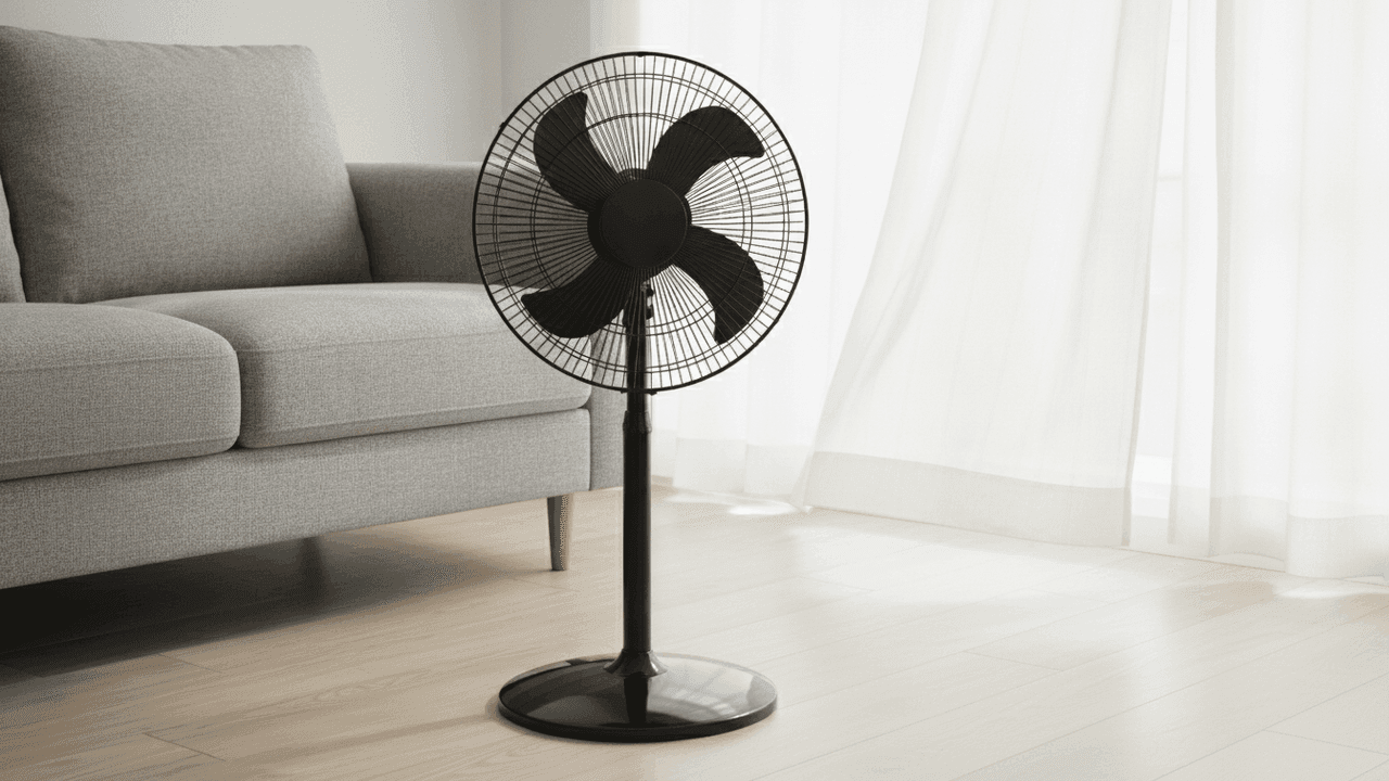 Ventilador de coluna preto, com grade de arame e hélice de quatro pás, em pé sobre um piso de madeira clara, entre um sofá cinza e uma cortina branca, numa sala com luz natural