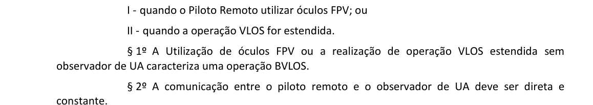 Trecho do artigo 24 da ICA 100-40 do DECEA: os incisos I e II e os parágrafos 1º e 2º, que dizem que usar óculos FPV sem observador de UA caracteriza operação BVLOS