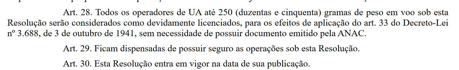 Artigos 28 e 29 da Resolução ANAC 806/2026: os operadores de aeronave até 250 gramas são considerados devidamente licenciados, e ficam dispensadas de possuir seguro as operações sob esta Resolução